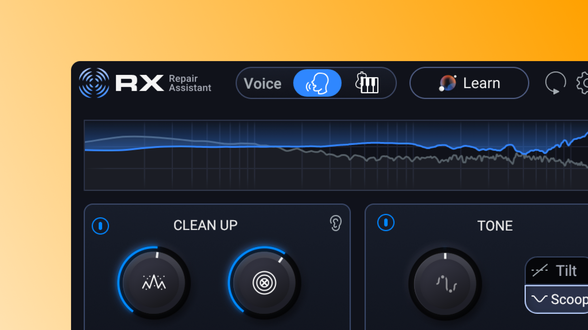 RX 12 ElementsのRepair Assistant。Voiceと楽器を選び、CLEAN UPとTONEのつまみで整える画面（iZotope公式）