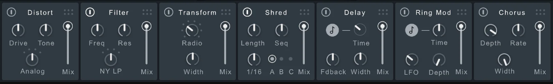 VocalSynth 2の下段のエフェクト。Distort・Filter・Transform・Shred・Delay・Ring Mod・Chorusの7つ（iZotope公式の画像）