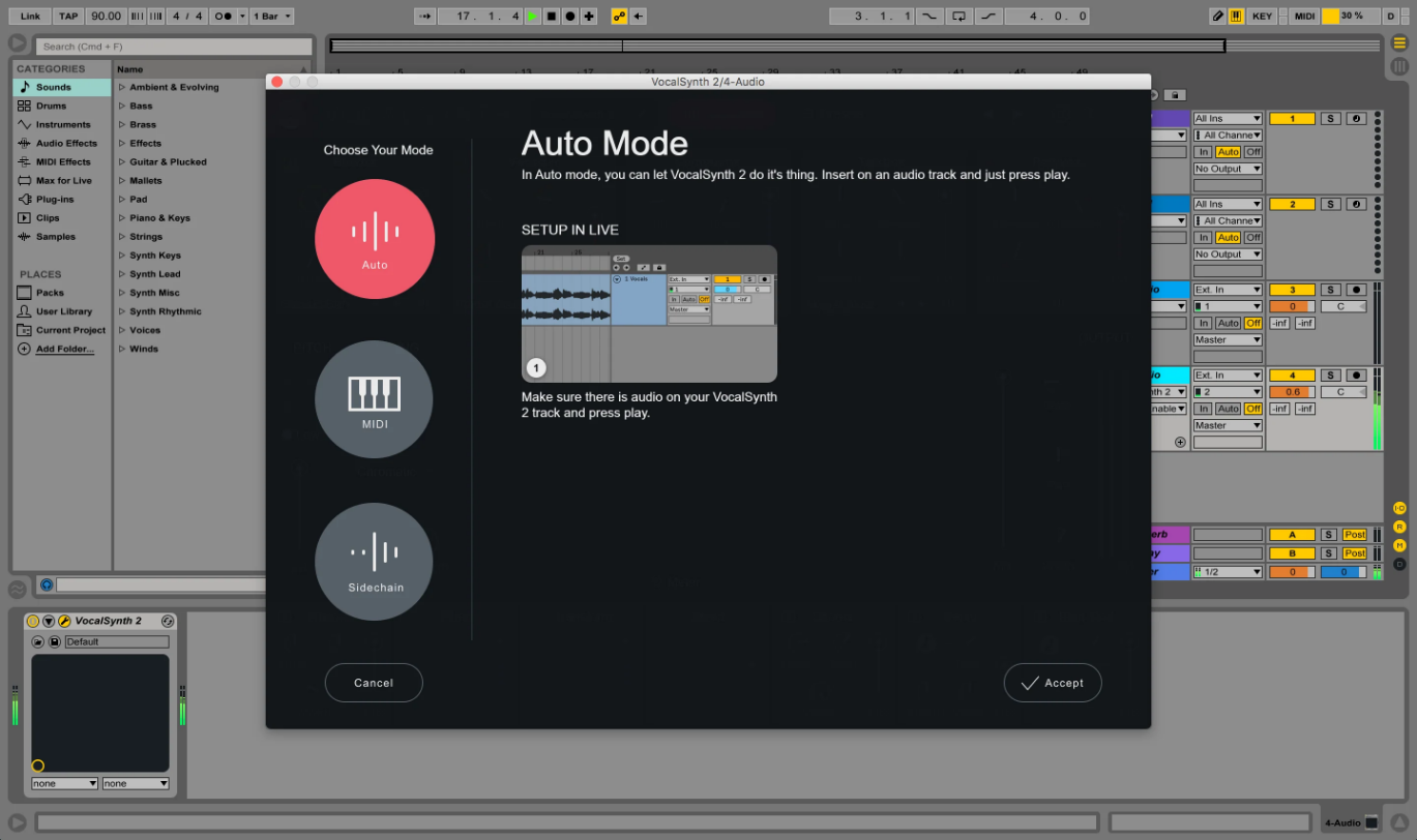 VocalSynth 2のモード選択の画面。Auto・MIDI・Sidechainの3つから選ぶ（iZotope公式の画像）