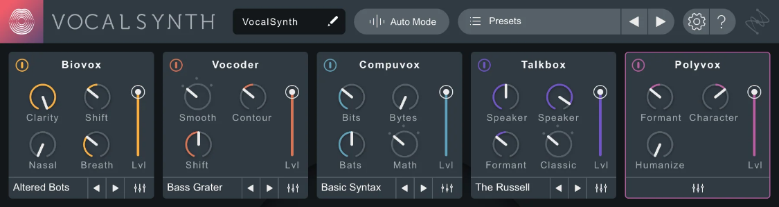 VocalSynth 2の上段に並ぶ5つの声のモジュール。Biovox・Vocoder・Compuvox・Talkbox・Polyvox（iZotope公式の画像）