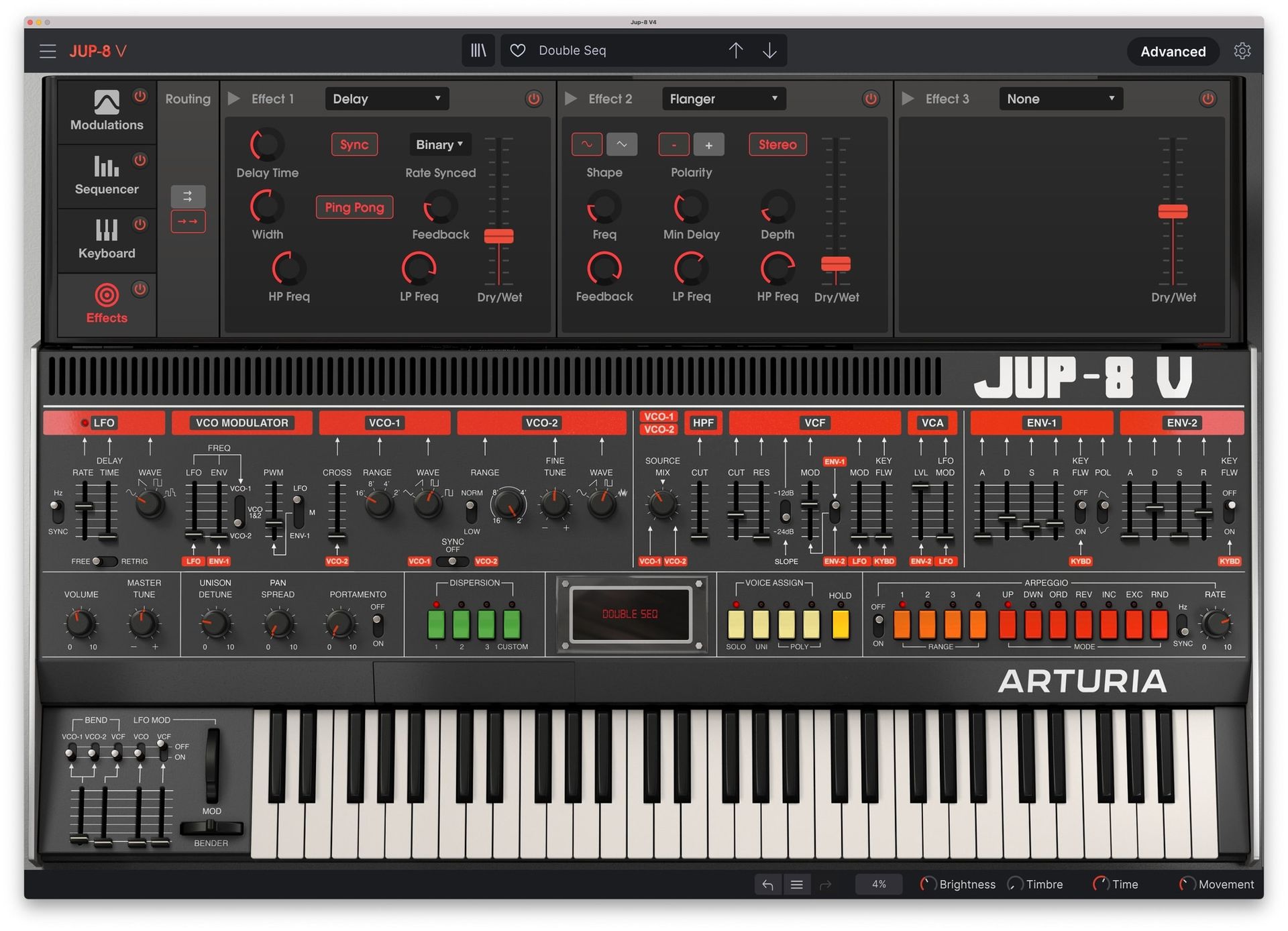 Jup-8 VのAdvancedパネルのエフェクト。3つの枠にディレイやフランジャーを入れられる（Arturia公式の製品画像）