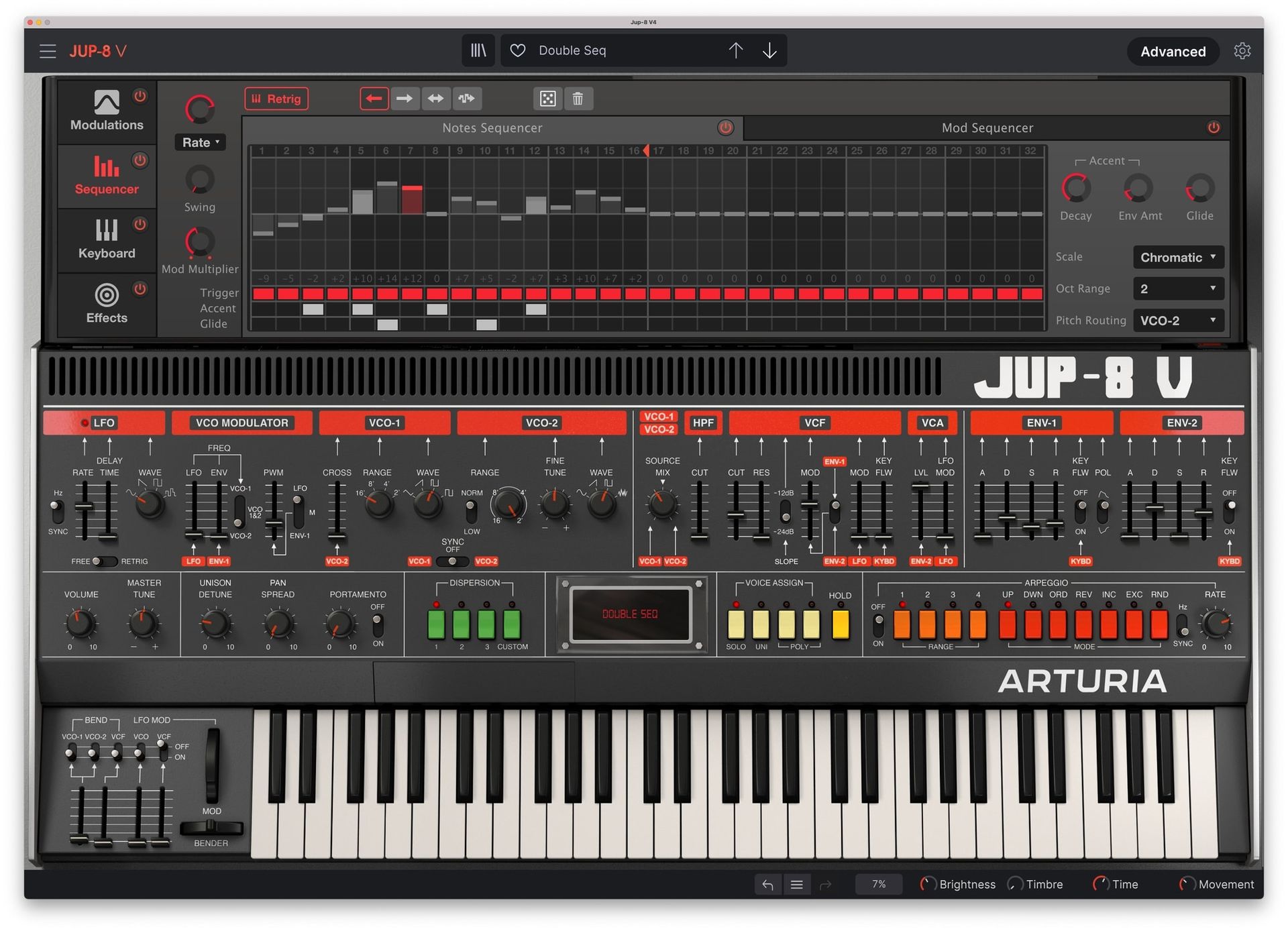 Jup-8 VのAdvancedパネルのシーケンサー。32ステップのNotes SequencerとMod Sequencer（Arturia公式の製品画像）