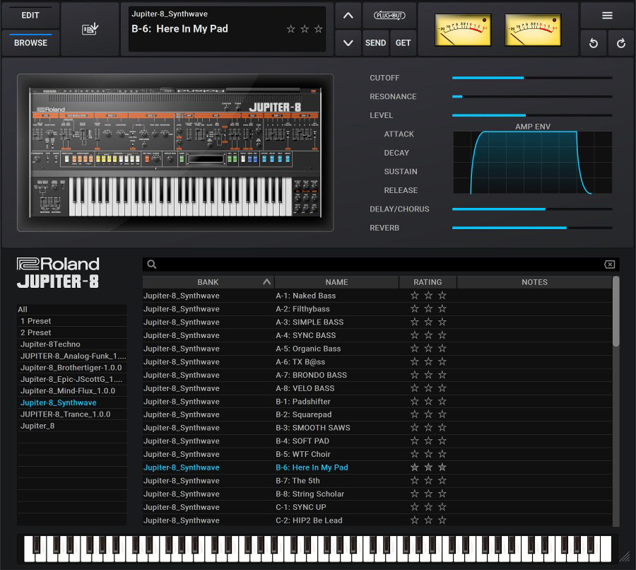 JUPITER-8のブラウザで、Roland Cloudから入れたSynthwaveなどのプリセットのバンクを選んでいる画面（Roland公式の製品画像）