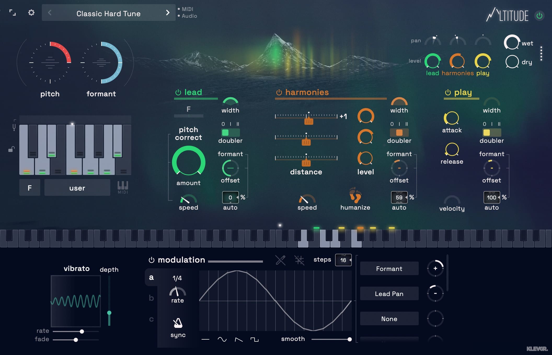 Klevgrand Altitudeの全体の画面。左にpitch・formant、中央にlead・harmonies・play、下にvibratoとmodulation（Klevgrand公式の画像）