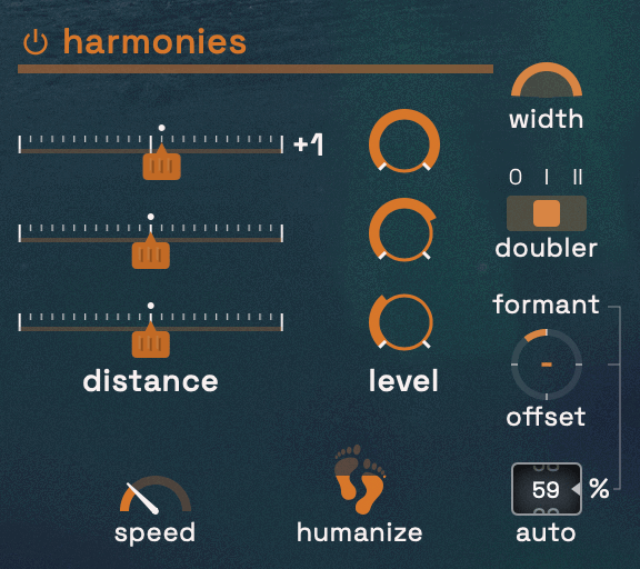 Altitudeのharmoniesの画面。3声それぞれのdistance(音程の幅)とlevel(音量)、doubler・widthのつまみが並ぶ(Klevgrand公式の画像)