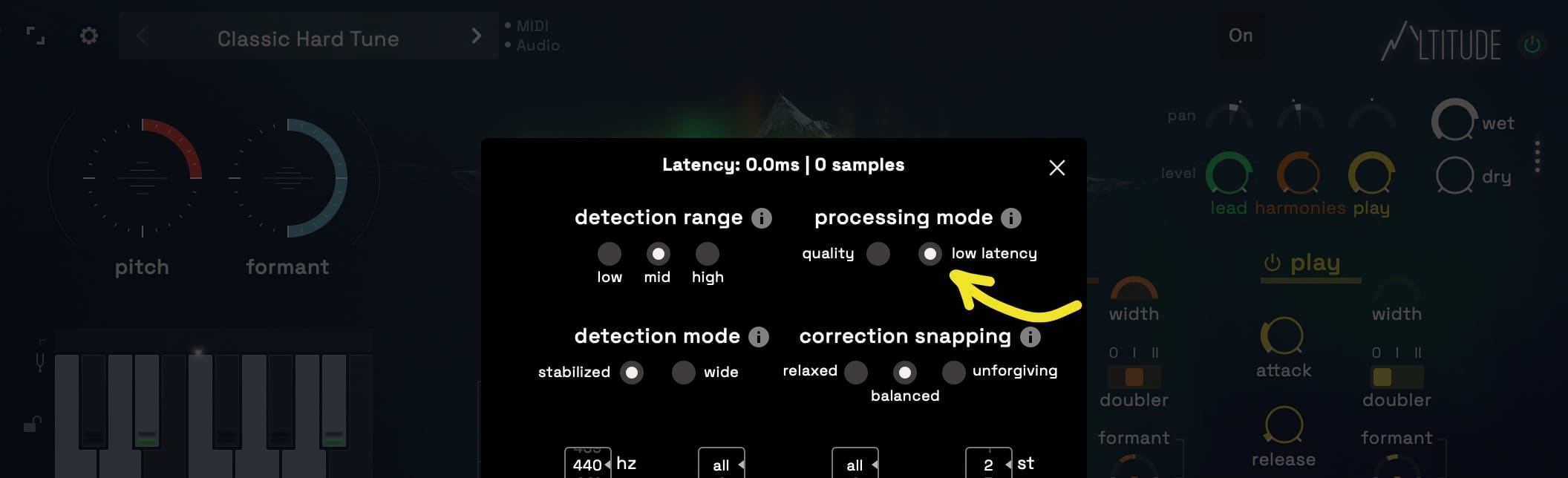 Altitudeの設定画面。processing modeでlow latencyを選ぶとLatency 0.0msになる（Klevgrand公式の画像）