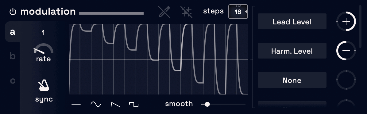 Altitudeのmodulation。16ステップで描いた形でLead LevelとHarm. Levelを動かしている（Klevgrand公式の画像）