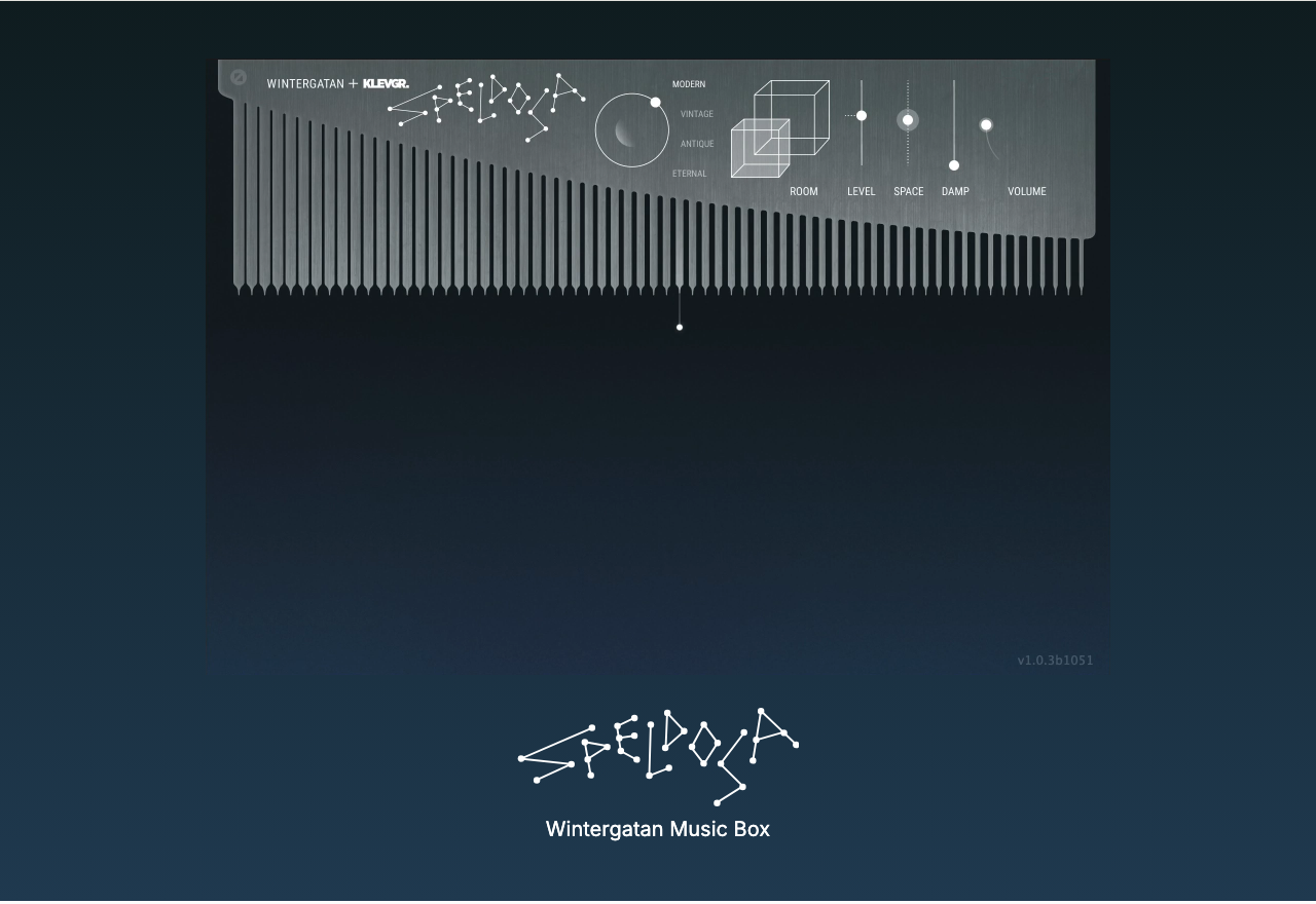 Klevgrand公式サイトのSpeldosaのページ。櫛歯の形の画面に、MODERN・VINTAGE・ANTIQUE・ETERNALのモデル、ROOM・LEVEL・SPACE・DAMP・VOLUMEが並ぶ