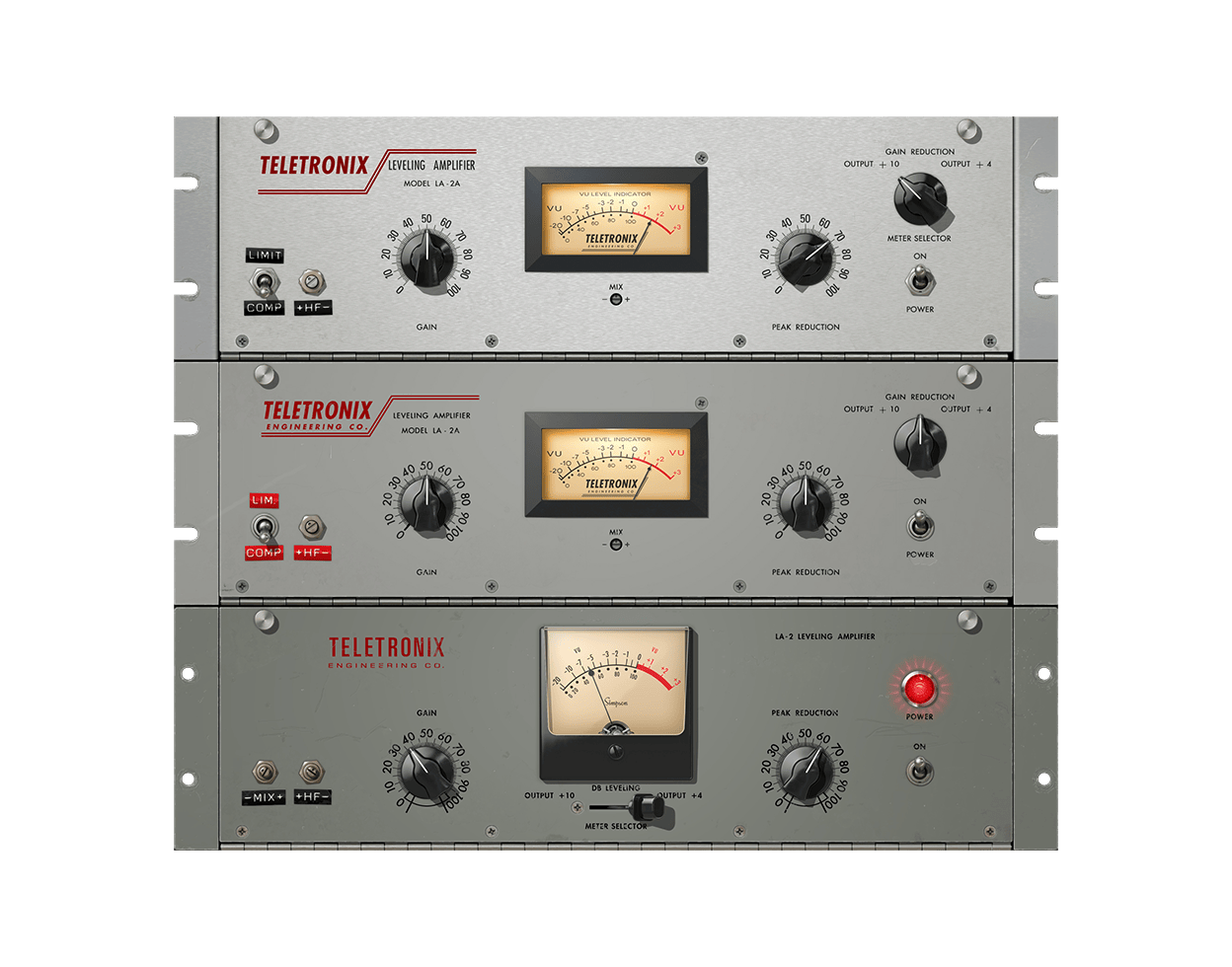 Teletronix LA-2A Leveler Collection に入っている3台。上から LA-2A Silver・LA-2A Gray・LA-2（Universal Audio公式サイトより）
