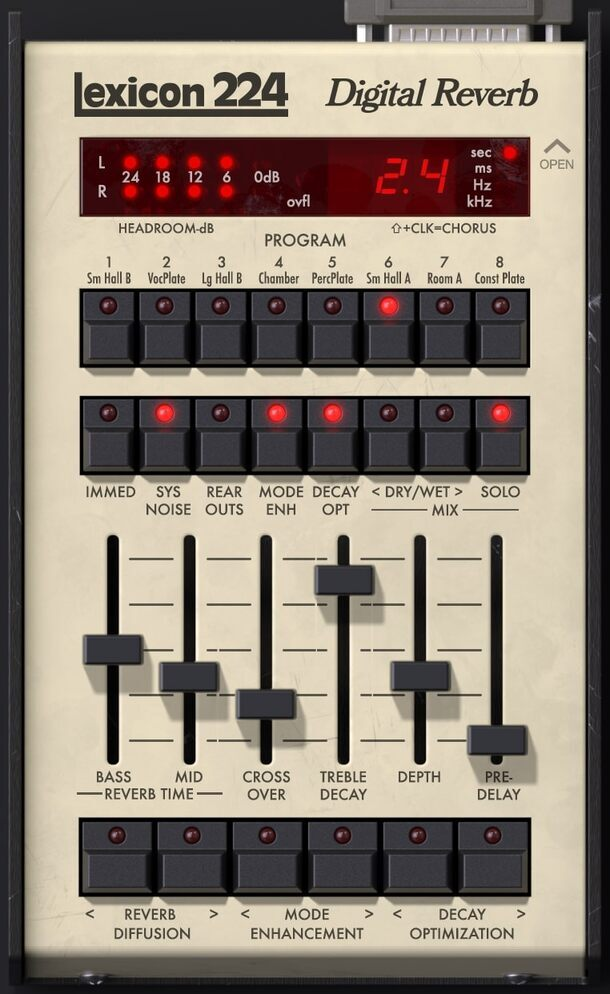 UADx Lexicon 224 Digital Reverbの画面。上に8つのプログラム（Sm Hall B・VocPlate・Lg Hall B・Chamber・PercPlate・Sm Hall A・Room A・Const Plate）、下にBASS・MID・CROSSOVER・TREBLE DECAY・DEPTH・PRE-DELAYのフェーダー（Plugin Boutiqueの製品画像）