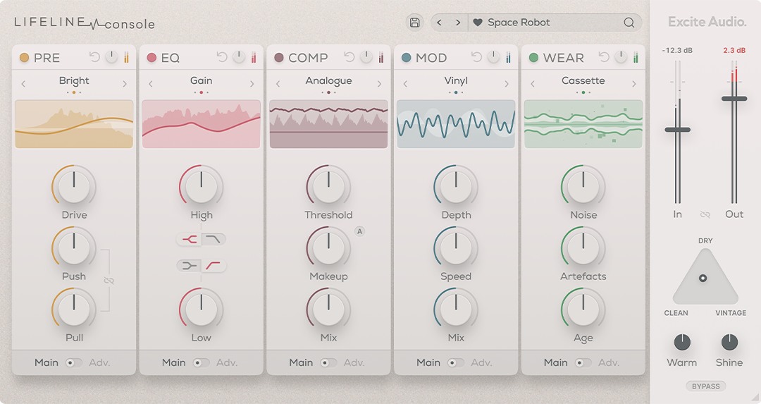 Lifeline Console の画面。PRE・EQ・COMP・MOD・WEAR の5つのモジュールと、右に CLEAN／VINTAGE の三角パッド、Warm・Shine（Plugin Boutique の製品画像）