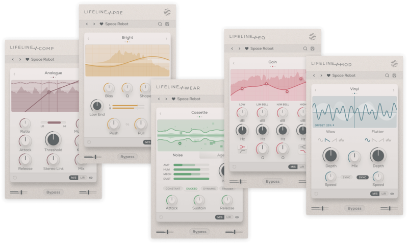 Lifeline Console のモジュールを単体のプラグインとして開いた画面。Lifeline COMP・PRE・WEAR・EQ・MOD（Plugin Boutique の製品画像）