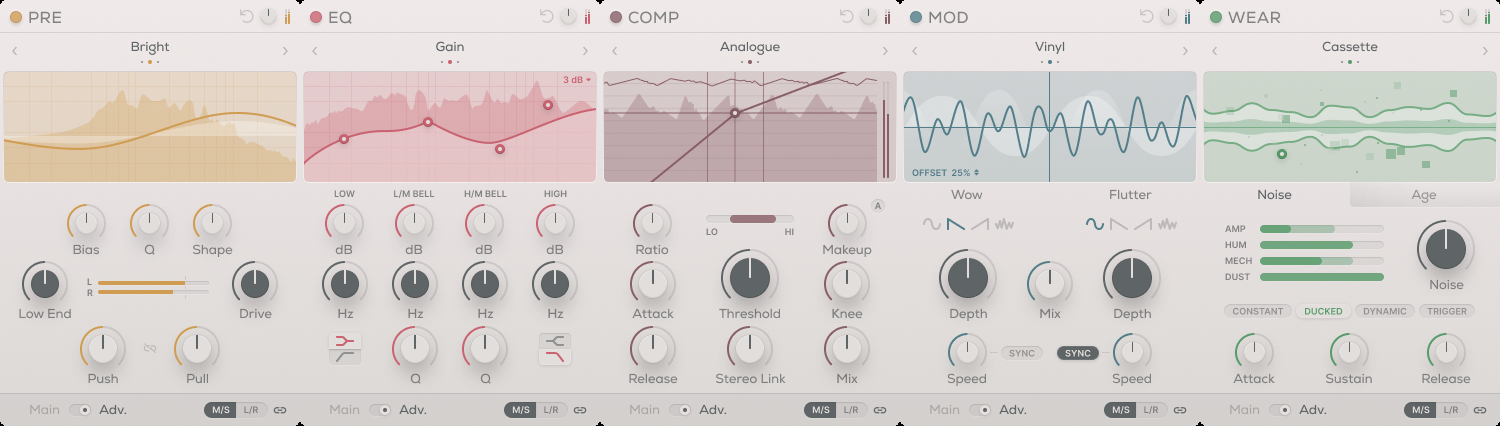 Lifeline Console の5つのモジュールの詳細画面（Adv.）。PRE の Bias・Q・Shape、EQ の4バンド、COMP の Ratio・Attack、MOD の Wow と Flutter、WEAR の AMP・HUM・MECH・DUST（Plugin Boutique の製品画像）