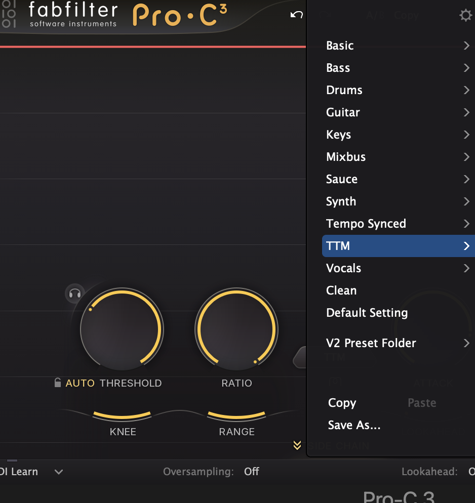 FabFilter Pro-C 3のプリセットのメニュー。Basic・Bass・Drums・Vocalsなどのフォルダの下に、Copy・Paste・Save As...が並んでいる