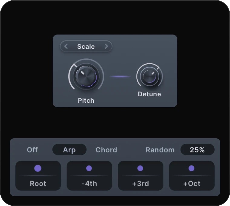 LucidのScaleとPitch・Detune、粒を和音やアルペジオにするArp・Chordの切り替え(Minimal Audio公式)