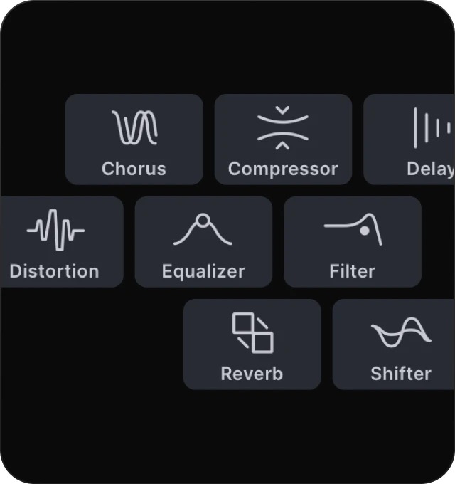 Lucidのエフェクトラック。Chorus・Compressor・Delay・Distortion・Equalizer・Filter・Reverb・Shifterの8種類(Minimal Audio公式)