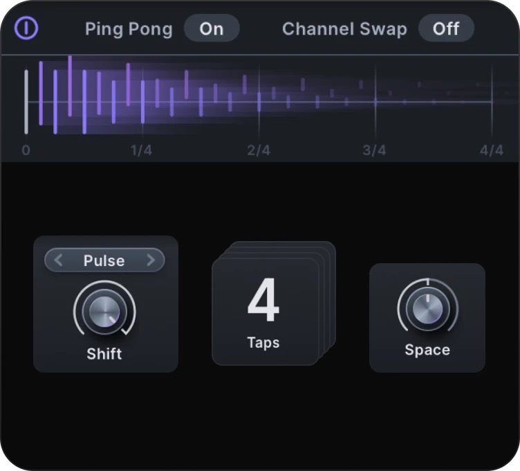 LucidのGrain Delay。Ping Pong・タップ数(4 Taps)・Shift・Spaceのつまみ(Minimal Audio公式)