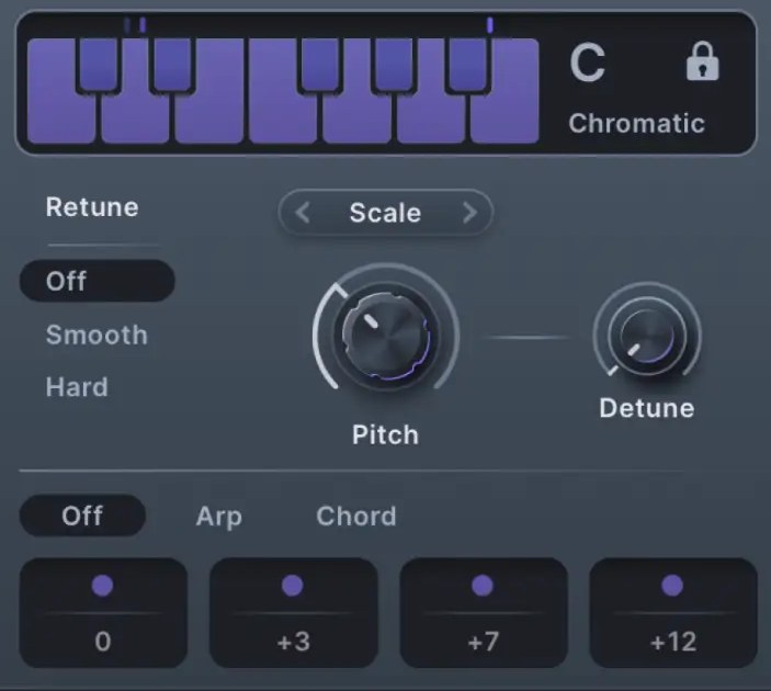 Lucidのスケールの設定。鍵盤でキーとスケールを選び、Retune・Arp・Chordで粒の音程をそろえる