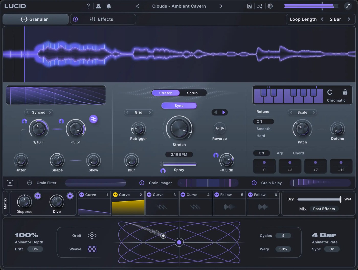 Minimal Audio Lucidの画面。上に音の波形、中央にStretch・Scrubなどの粒の設定、下にモジュレーション(Plugin Boutiqueの製品画像)