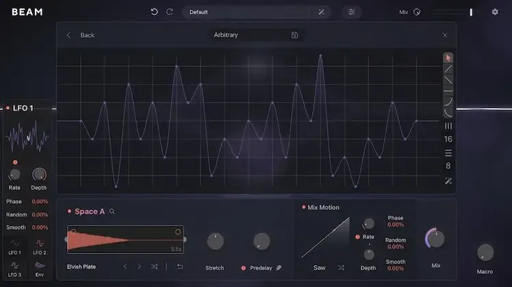Lunacy BEAM 2.0 の LFO 編集画面。自由に描いた波形で、下の Space A（リバーブ）の Stretch や Predelay を動かす（Lunacy 公式の画像）