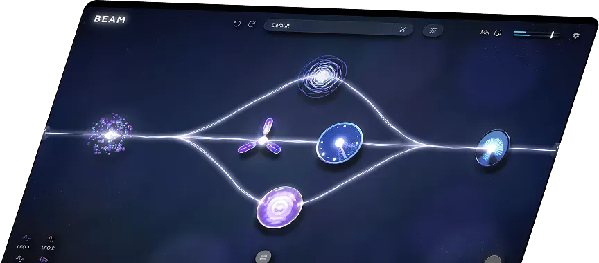 Lunacy BEAM 2.0 の画面。光る線の上にエフェクトの丸いノードが並び、途中で分かれて並列にもつながっている（Lunacy 公式の画像）