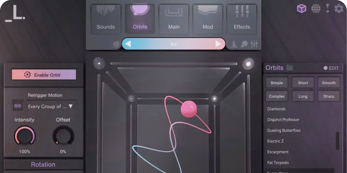 Lunacy CUBE の Orbits 画面。中央の立方体の中をピンクの玉が軌道を描いて動き、右に Orbits のプリセット一覧（Lunacy 公式の画像）