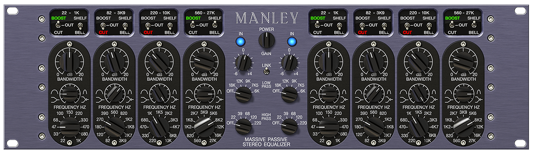 UADx Manley Massive Passive EQの画面。左右それぞれ4つのバンドに、BOOST/CUT・SHELF/BELLの切り替えとBANDWIDTH・FREQUENCYのつまみ、中央にGAINとLOW PASS・HIGH PASS(Universal Audio 公式の製品画像)