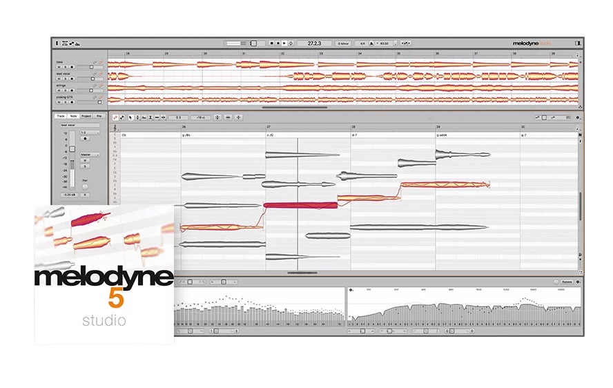 Melodyne 5 studio の画面。ボーカルやベースの音が1音ずつ「かたまり」で表示され、上下で音程・左右で長さを直せる（Plugin Boutique の製品画像）