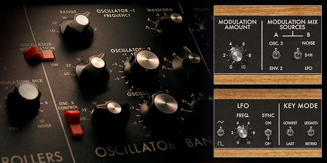 Minimoogの3つのオシレーターのつまみと、追加されたMODULATION MIX SOURCES・LFO・KEY MODE（LOWEST／LAST・LEGATO／RETRIG）の切り替え（Plugin Boutiqueの製品画像）