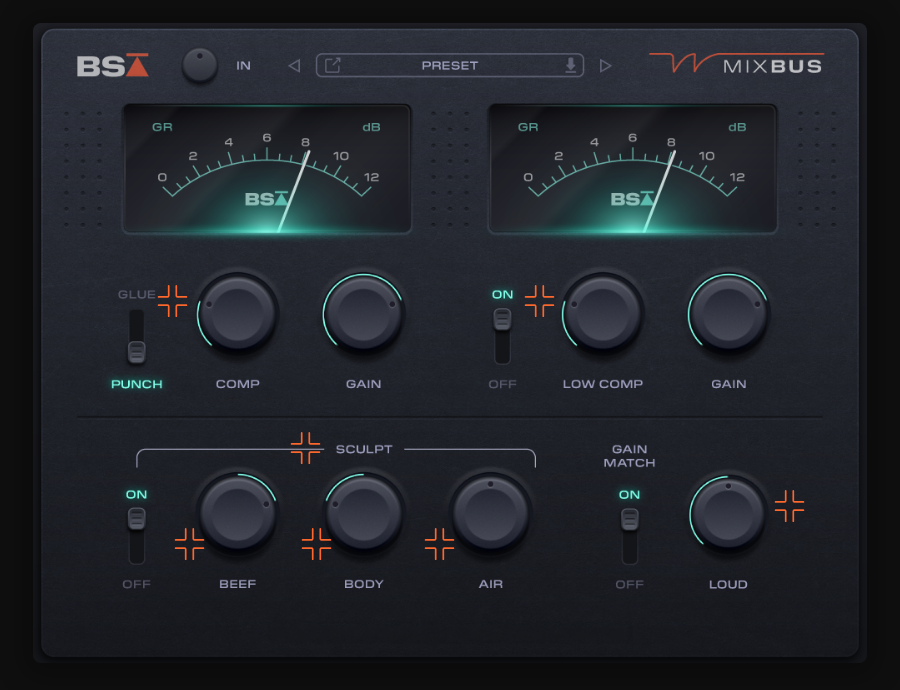 Black Salt Audio Mix Busの画面。COMP（GLUE／PUNCH）・LOW COMP・SCULPT（BEEF・BODY・AIR）・LOUD（Black Salt Audio公式サイト）