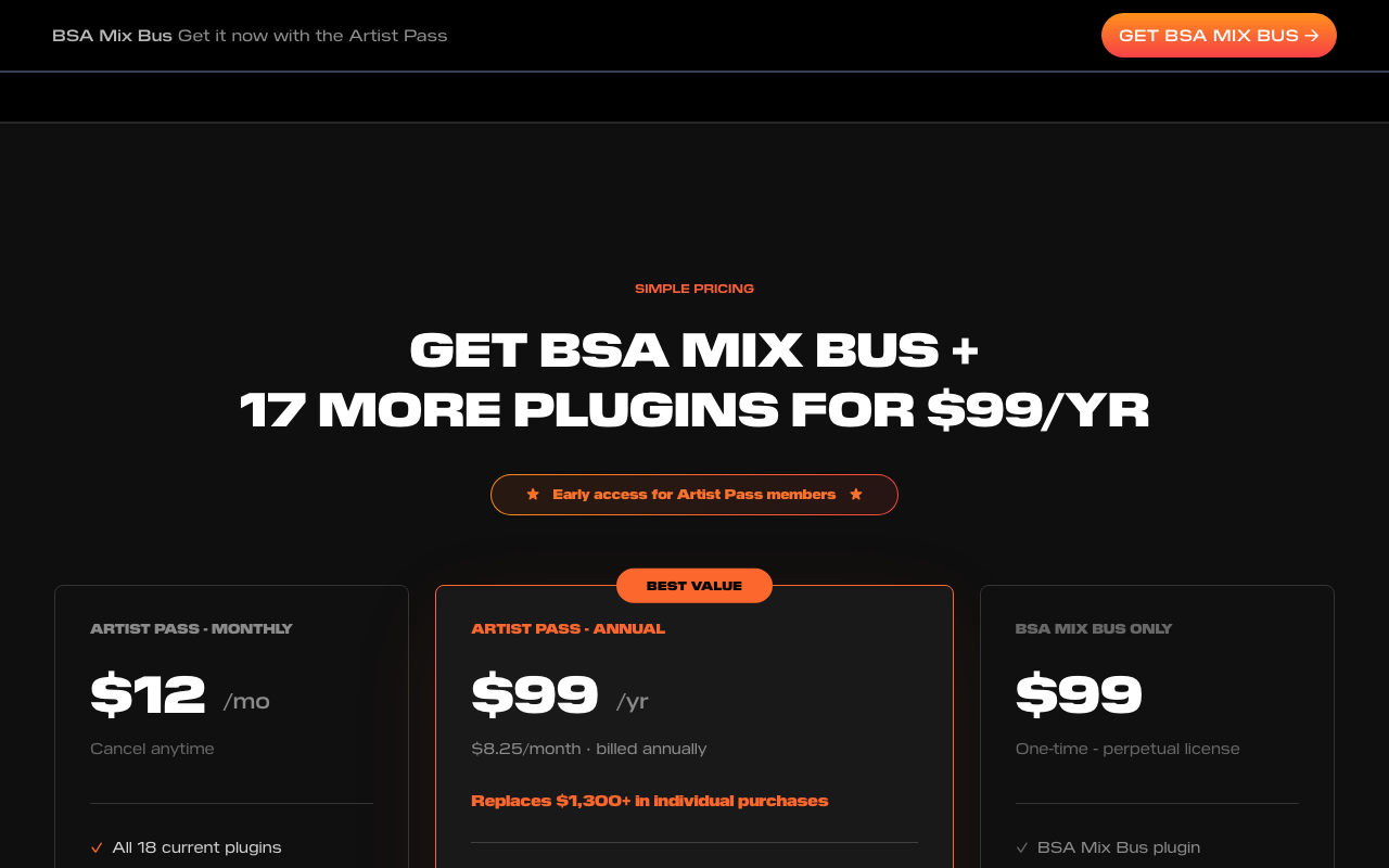 Black Salt Audio公式サイトの価格。Mix Bus単体は$99の買い切り、Artist Passは月$12・年$99（2026年10月23日時点）