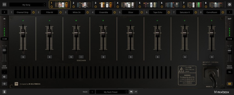 MixBox の編集パネル。8つのエフェクトごとに音量のフェーダーと S ボタンが並び、White 2A にはサイドチェーンのボタンがある（Plugin Boutique の製品画像より）