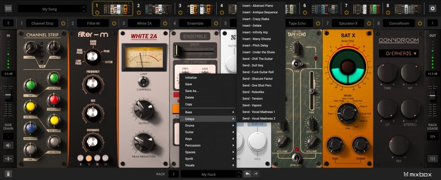 MixBox のプリセットのメニュー。Bass・Delays・Drums・Guitar・Keys・Percussion・Spaces・Synth・Vocals の分類があり、Delays の中に Insert と Send のプリセットが並ぶ（Plugin Boutique の製品画像より）