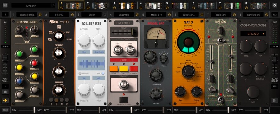 MixBox のラック。Channel Strip・Filter-M・Slicer・Ensemble・Model 670・Saturator-X・Tape Echo・ConvoRoom の8つを1画面に並べている（Plugin Boutique の製品画像より）