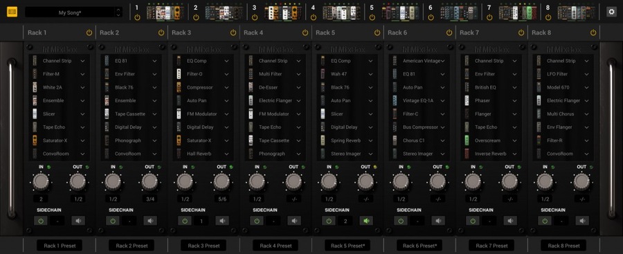 MixBox のスタンドアロンの画面。Rack 1〜8 の8つのラックに、それぞれ8つのエフェクトが縦に並んでいる（Plugin Boutique の製品画像より）