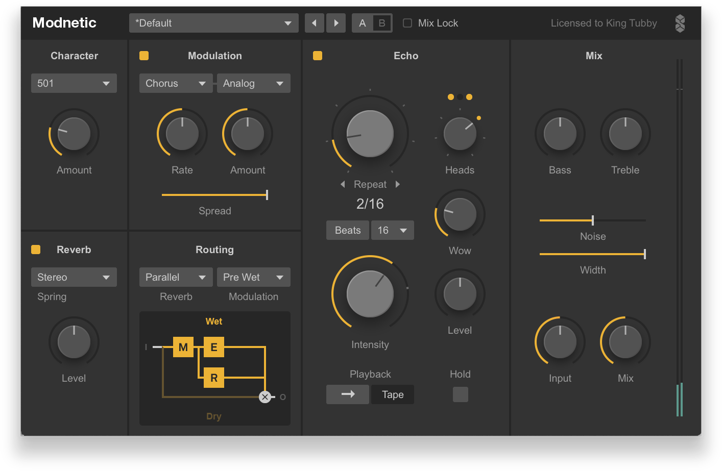 Modnetic の画面。Character・Modulation・Echo・Reverb・Routing・Mix の欄が並ぶ(Surreal Machines 公式の画像)