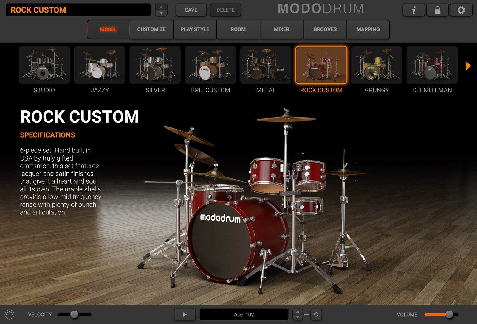 MODO DRUM 1.5のMODEL画面。Rock Customキットを選んだ状態で、上にStudio・Jazzy・Silverなどのキットが並ぶ（IK Multimedia公式）