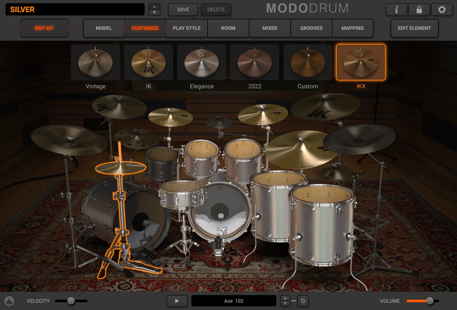 MODO DRUM 1.5のCUSTOMIZE画面。上にシンバルの種類が並び、キットのシンバルを差し替えて組み替えられる（IK Multimedia公式）