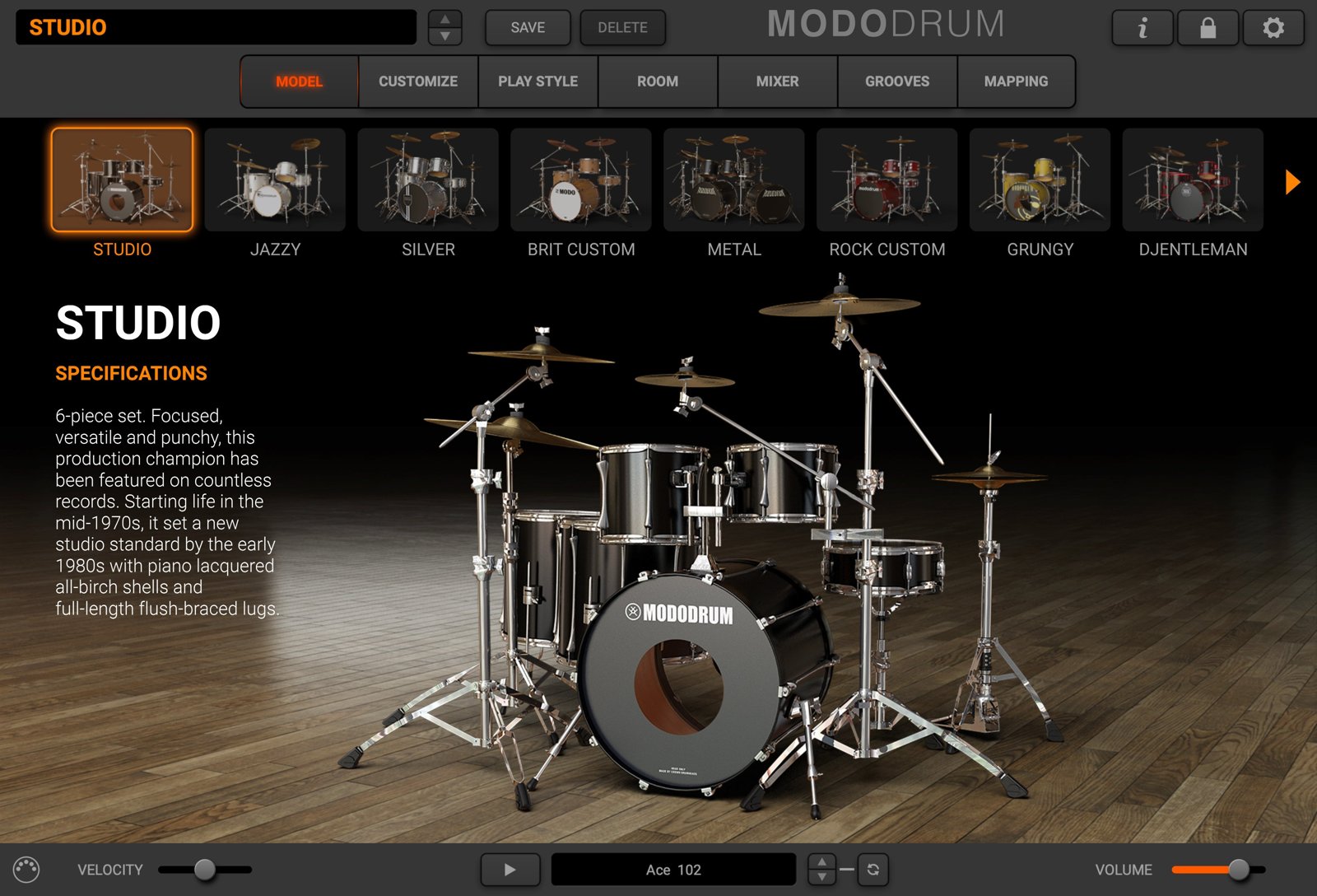 MODO DRUM 1.5のMODEL画面。無料版CSにも入っているStudioキットを選び、6点セットの説明が表示されている（IK Multimedia公式）