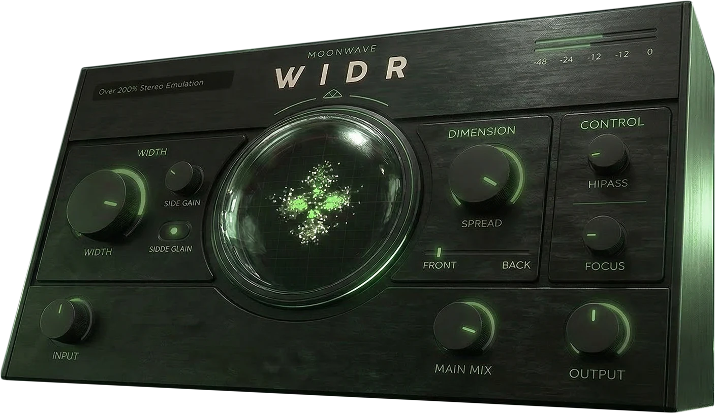 Moonwave WIDRの画面。WIDTHとSIDE GAIN、中央の丸い表示、DIMENSIONのSPREADとFRONT/BACK、HIPASSとFOCUS、下にINPUT・MAIN MIX・OUTPUT