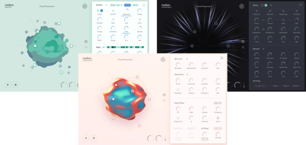 Motion Bundle の3製品。左上 Motion: Fractal、右上 Motion: Dimension、手前 Motion: Harmonic(Plugin Boutique の製品画像より)