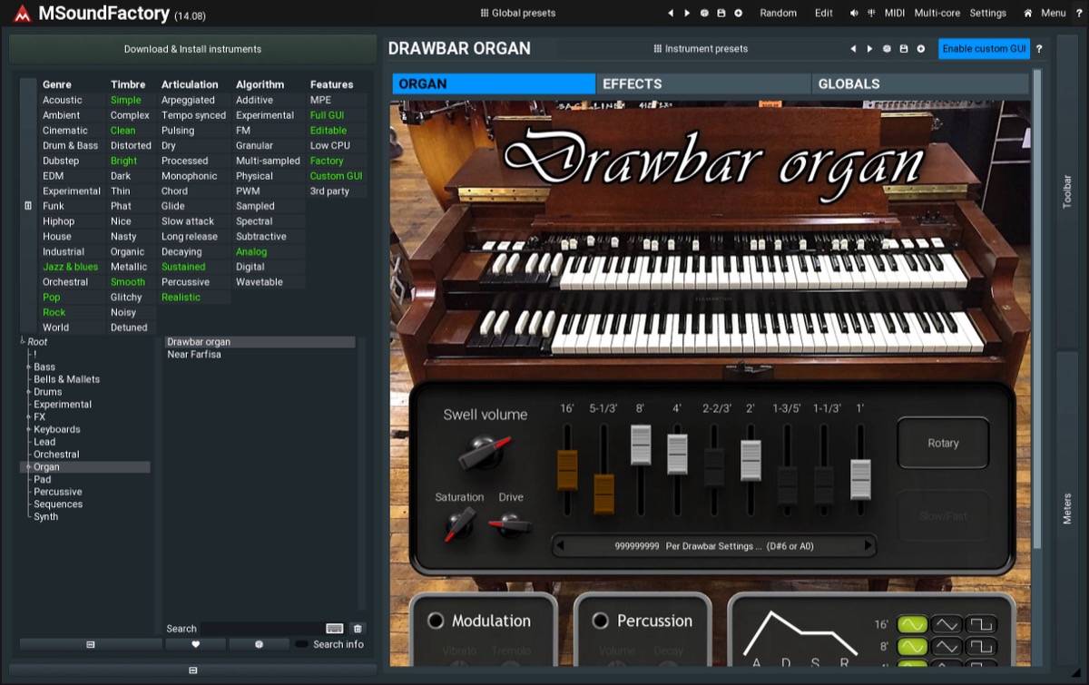 MSoundFactory の画面。左でジャンル・音色・楽器の種類から絞り込み、右でオルガン（Drawbar organ）のドローバーを操作している（MeldaProduction 公式の画像）