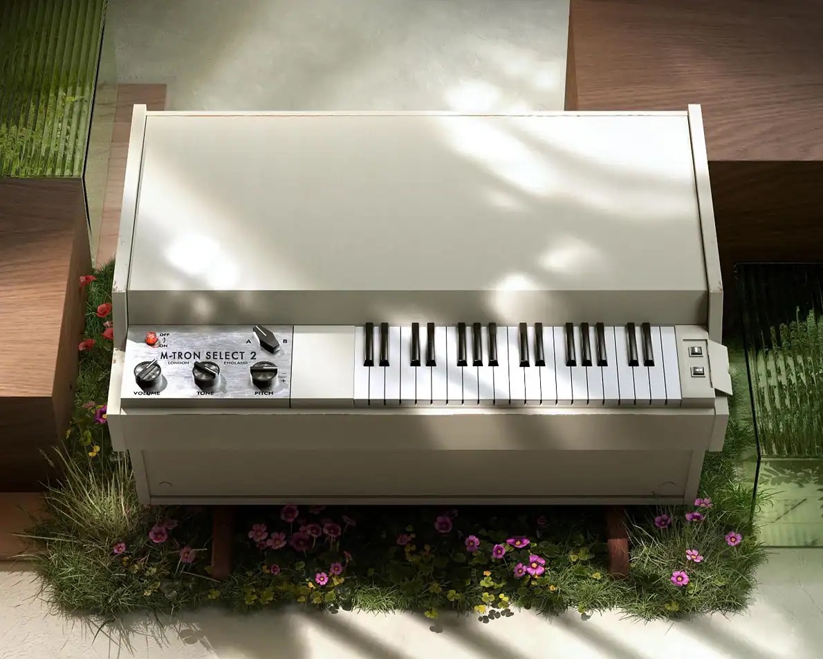 GForce M-Tron Select 2のイメージ画像。白いメロトロン風の鍵盤にVOLUME・TONE・PITCHのつまみ