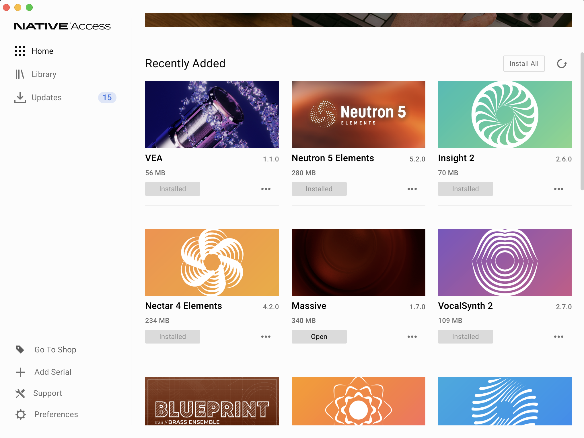 Native Access の Home の Recently Added。NI の製品に混ざって Neutron 5 Elements・Insight 2・Nectar 4 Elements・VocalSynth 2 などの iZotope の製品も並び、右上に Install All のボタンがある
