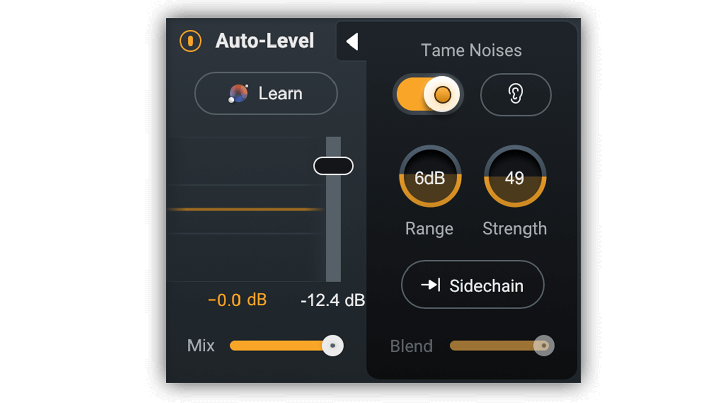 iZotope Nectar 4 の Auto-Level モジュール。Learn ボタンと音量のメーター、Tame Noises の Range・Strength のつまみ（iZotope 公式の画像）