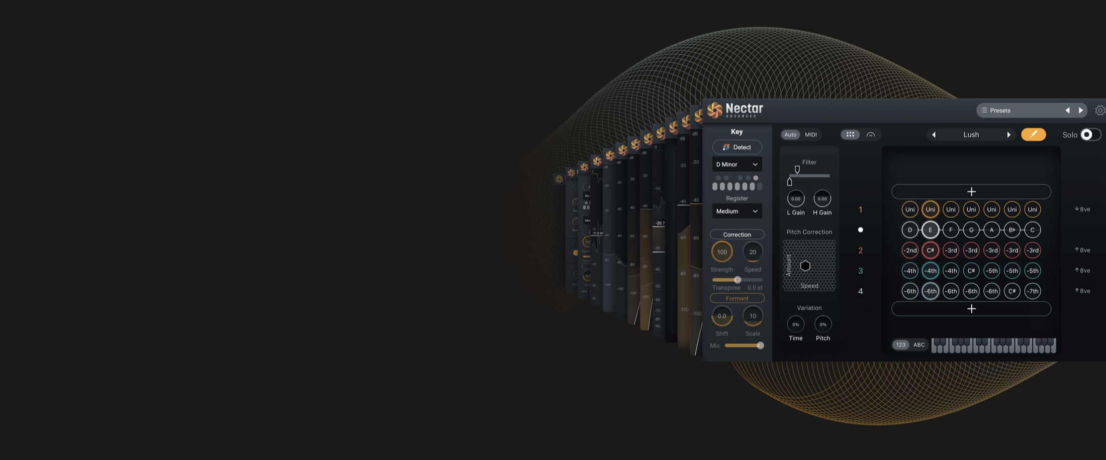 iZotope Nectar 4 の Voices のハーモニー画面。Key で D Minor を検出し、Lush というプリセットで4声のハモリの音程（-3rd・-5th・-6th など）が並んでいる（iZotope 公式の画像）