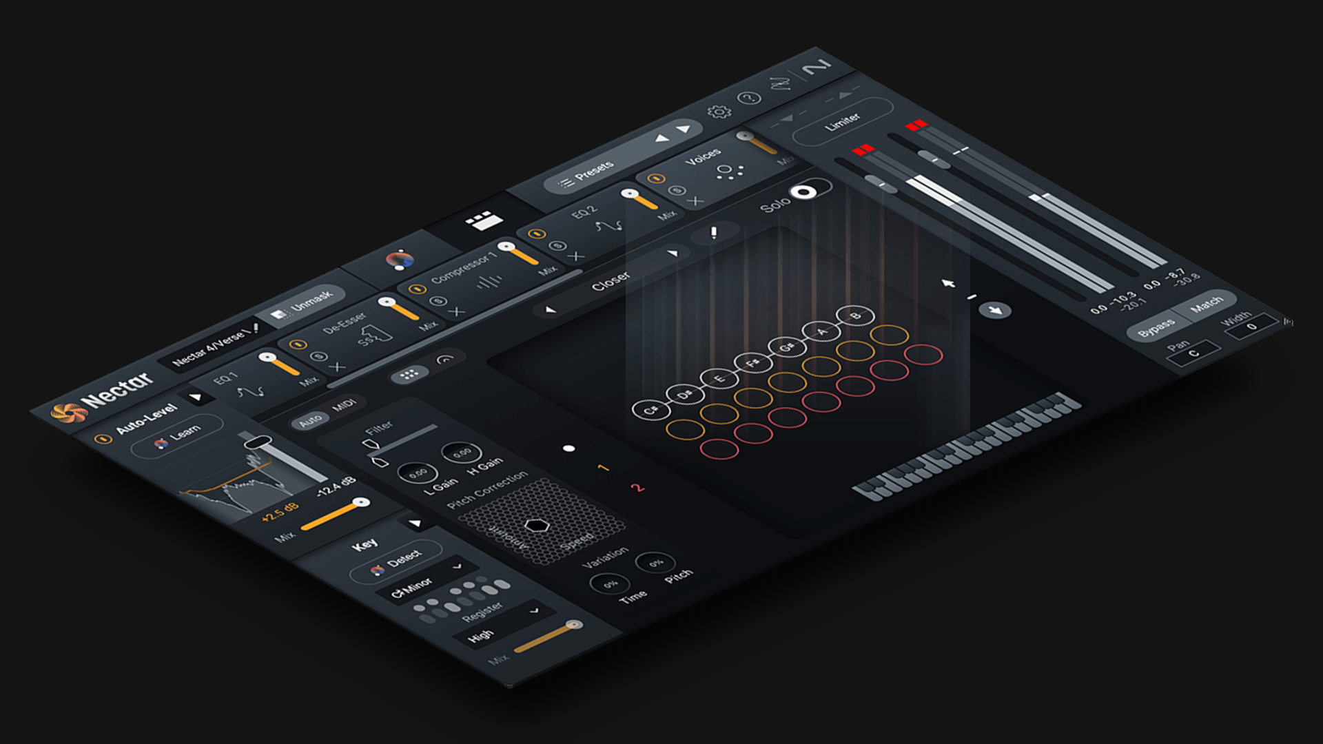 iZotope Nectar 4 の全体の画面。左から Auto-Level・EQ 1・De-Esser・Compressor 1・EQ 2・Voices・Limiter のモジュールが並び、下にピッチ補正とハーモニーの音程の画面（iZotope 公式の画像）