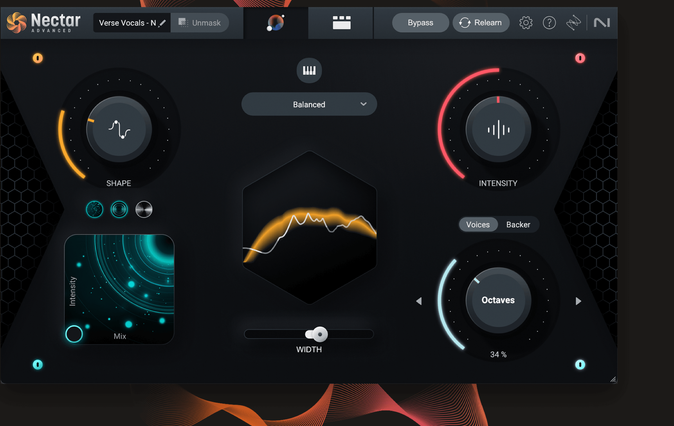iZotope Nectar 4 の Vocal Assistant の画面。SHAPE・INTENSITY・Voices/Backer の3つの大きなつまみと、真ん中にボーカルの周波数のカーブが出ている（iZotope 公式の画像）