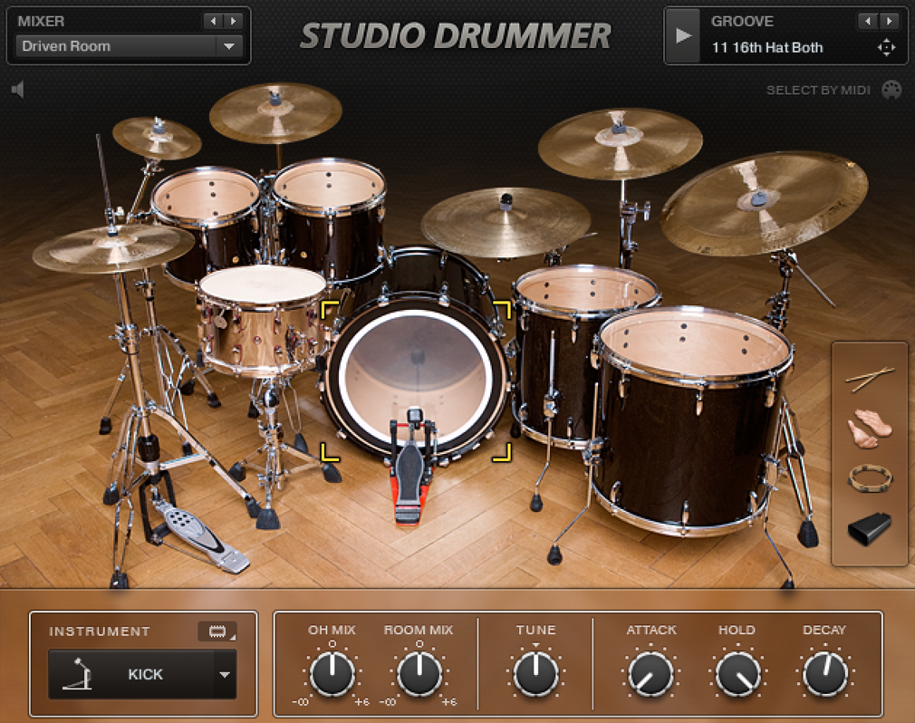 Studio DrummerのStadium Kit（Pearl Masters Premium Maple）の画面。下にOH MIX・ROOM MIX・TUNE・ATTACK・HOLD・DECAYのつまみ（Native Instruments公式サイトの画像より）