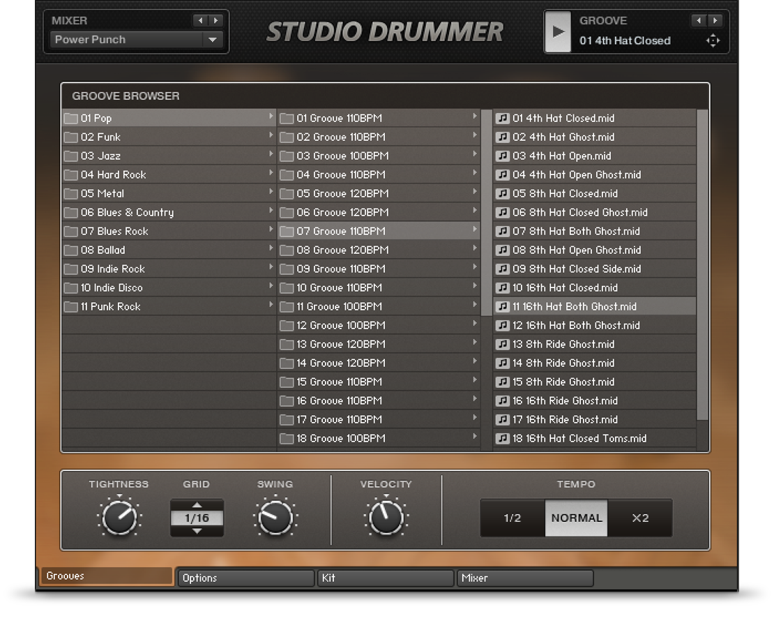 Studio DrummerのGROOVE BROWSER。Pop・Funk・Jazz・Hard Rock・Metal・Balladなどのフォルダと、下にTIGHTNESS・SWING・VELOCITYのつまみ（Native Instruments公式サイトの画像より）